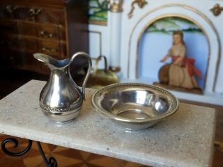 Antique French Dollhouse Miniature Sterling Silver Wash Bowl & Pitcher 1:12 3