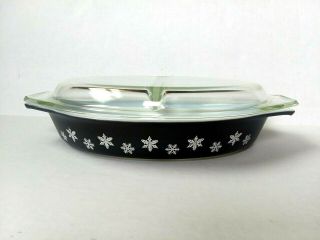 Vintage Pyrex Black White Snowflake Divided Casserole Dish With Lid Cover
