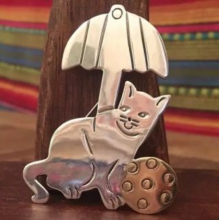 Huge Cat Under Umbrella Vintage Taxco Sterling Silver Brooch Pin (13g)