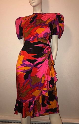 Vintage 80’s Retro Flora Kung York Multi - Color Silk Dress Sz 6 Colorful
