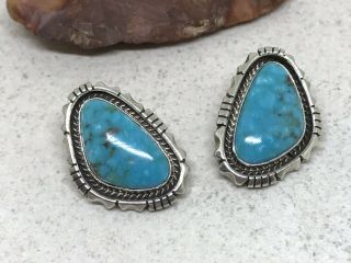 Vintage Navajo Begay Sterling Silver Blue Gem Turquoise Earrings (13.  1g)