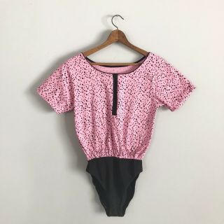 Awesome 80’s Vintage Hot Pink & Black Geometric Print Bodysuit Workout Leotard