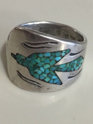 Vintage Sterling Silver Turquoise Inlay Peyote Bird Ring Signed -