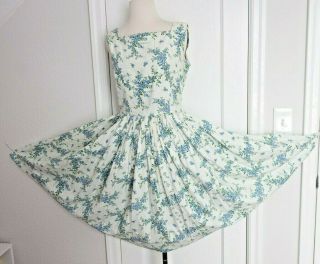 Stunning 50s 360 Full Circle Skirt Garden Dress Floral Blue Flowers Cotton Pinup