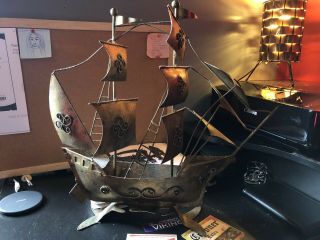 Vintage Large Bronze Metal Art Pirate Ship Sculpture Statue Nautical Boat