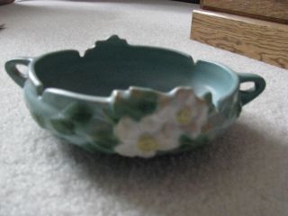 Vintage Roseville Pottery Blue Double Handled White Rose Low Bowl/dish 389 - 6 "