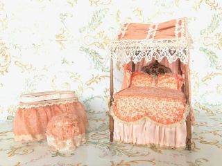 Vintage Artisan Dollhouse Bedroom Furniture Set Canopy Bed Vanity Stool