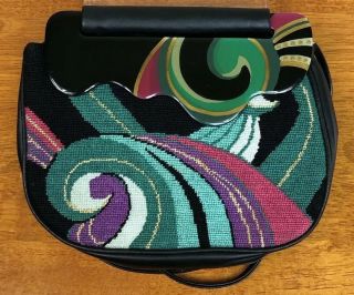80s Vintage Patricia Smith Moon Bags Black Tapestry Peacock Green Purple Leather