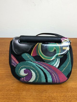 80s Vintage Patricia Smith Moon Bags Black Tapestry Peacock Green Purple Leather 2