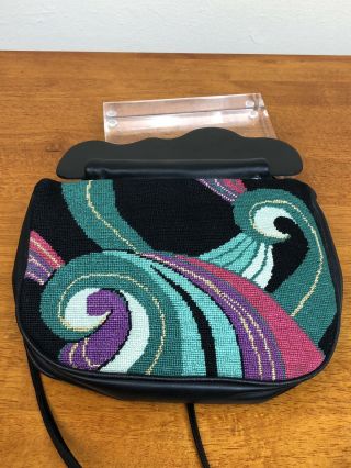 80s Vintage Patricia Smith Moon Bags Black Tapestry Peacock Green Purple Leather 3
