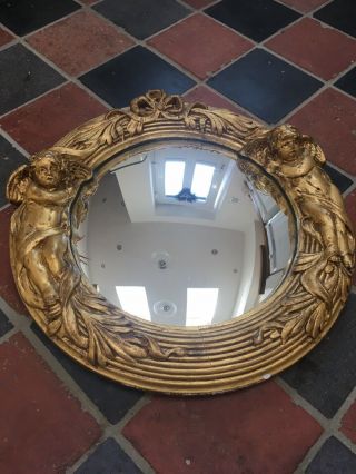 Vintage Circular Convex Mirror With Gilt Effect Finish And Cherubs - See Photos