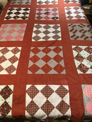 Large 80”x82” Vintage Hand Pieced Deep Red - Rust - Brown Quilt Top