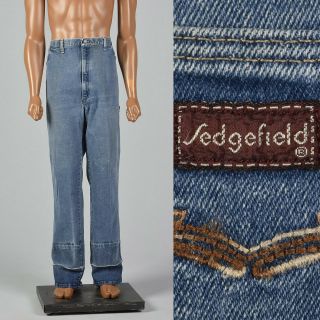 Xl 1970s Distressed Denim Jeans Vtg Straight Leg Patch Pockets Zip Fly Blue Pant