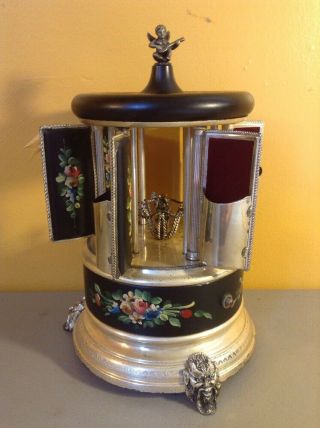 Vintage Antique Porcelain Reuge Carousel Cigarette Lipstick Dispenser Music Box