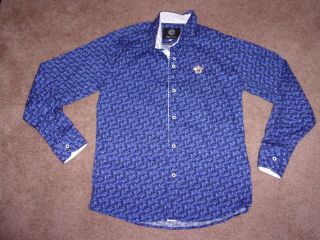 Vintage Men Gianni Versace Shirt Black Button Blue/white Pattern Size G (small)