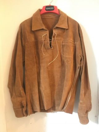 Vtg 60s Buckskin Leather Shirt Jacket Lace Up Front Mens