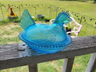 Vintage Indiana Glass Horizon Blue Ultra Rare Hen On Nest Won 