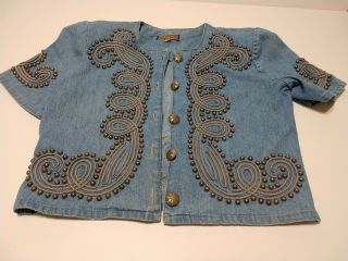 Double D Ranch Studded Cording Blue Denim Top Jacket Cropped Silve Buttons S Vtg