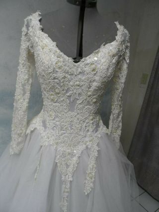 Amy Lee Guipure Cascading Lace Vtg Organza Wedding Dress Sz 10