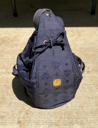 Vintage Mcm Logo Canvas Leather Nylon Blue Bucket Handbag Backpack Purse Bag