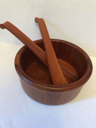 Vintage Nissen Designer Teak Wood Serving Bowl W/ Utensils Mid Century Denmark
