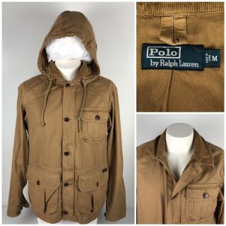 Polo Ralph Lauren Mens Medium Jacket Full Zip Hood Tan Mulpiple Pockets Vintage