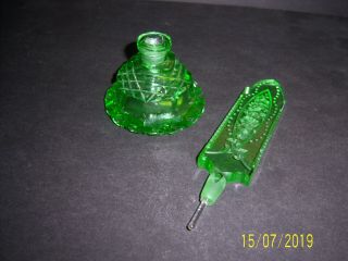 VINTAGE GREEN PERFUME CUT GLASS BOTTLE WITH ETCHED DAUBER.  CZECH 2