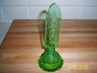 VINTAGE GREEN PERFUME CUT GLASS BOTTLE WITH ETCHED DAUBER.  CZECH 5