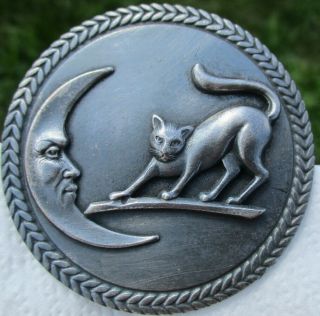 1940s French White " Crescent Moon & Cat " Large Vintage Antique Picture Button