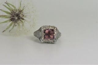 Vintage 1920 - S Filigree Ring Sterling Silver W/ Pink Turmaline Size 6