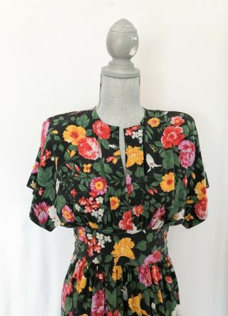 Vintage Albert Nipon 1940s Style Floral 100 Silk Floral Dress Size 6