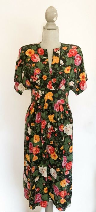 Vintage Albert Nipon 1940s Style Floral 100 Silk Floral Dress Size 6 3