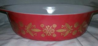 Vintage Pyrex Golden Poinsettia 045 Oval Casserole Dish 2 1/2 Quart Red & Gold