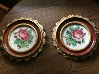 2 Vintage Round Rose Needlepoint Pictures With Frames