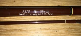 Vintage FENWICK No.  001132 Rod FS70 7 ' 5 - 1/8 oz.  1/4 - 1/2 oz Lures 4 - 10 lb Line 3