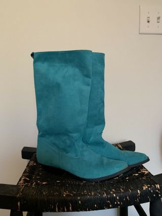 Vintage Boho Linda Lundstrom Womens Suede Pull Up Cowboy Boots Turquoise Size 10