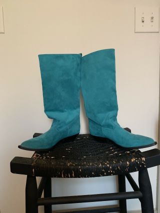 Vintage Boho Linda Lundstrom Womens Suede Pull Up Cowboy Boots Turquoise Size 10 4