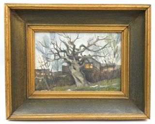 Russian Vintage Painting Signed тберман 60 Oil On Canvas Winter House With Tree