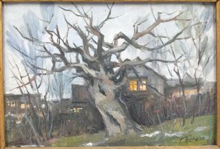 Russian Vintage Painting Signed тберман 60 Oil On Canvas Winter House With Tree 2