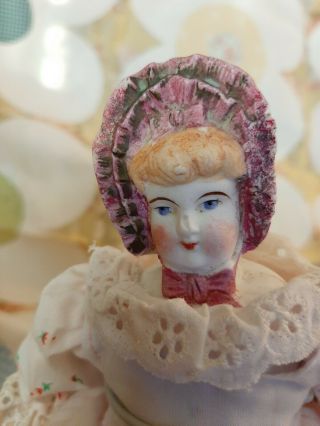 Antique 9 Inch Bonnet Head Doll In Pink