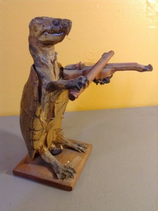 Vintage Taxidermy Turtle Playing Violin Fiddle On Wood Base