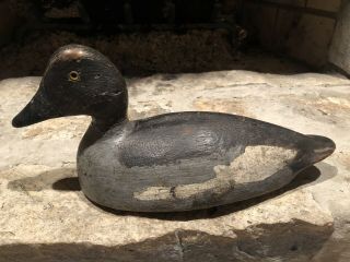 Antique Carved Solid Wood Bluebill Duck Decoy W/yellow Glass Eyes
