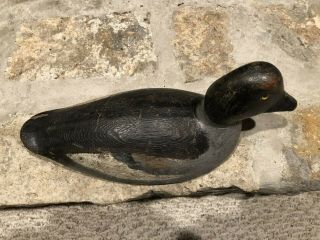 ANTIQUE CARVED SOLID WOOD BLUEBILL DUCK DECOY W/YELLOW GLASS EYES 3