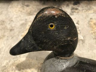 ANTIQUE CARVED SOLID WOOD BLUEBILL DUCK DECOY W/YELLOW GLASS EYES 5