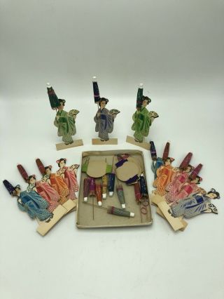 Group Of 10 Vintage Japanese Stand Up Paper Doll W/ Fold Out Umbrella