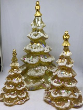 (3) Vintage Fenton Carnival Glass Yellow Iridescent Christmas Trees