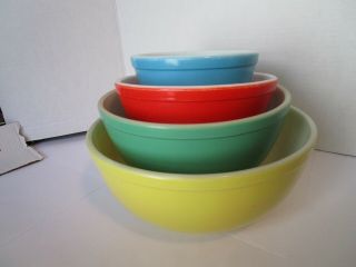 Vintage Pyrex Red Blue Green Yellow Nesting Mixing Bowls 4 Primary Colors