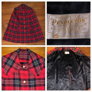 Vtg Pendleton Red Plaid Lined 100 Wool Poncho Cape Coat Size 12 Usa
