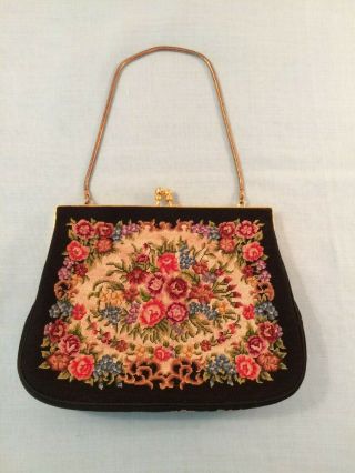 Vintage Petit Point Needlepoint Floral Tapestry Micro Embroidery Purse Handbag