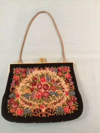 Vintage Petit Point Needlepoint Floral Tapestry Micro Embroidery Purse Handbag 2